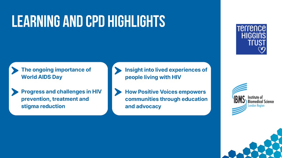 IBMScience's tweet image. Join us this World AIDS Day for a powerful webinar exploring commemoration, awareness and lived experience.

The IBMS London Branch EDI Committee will be hosting speakers from the Terrence Higgins Trust who will share their personal journeys and insights into the ongoing…