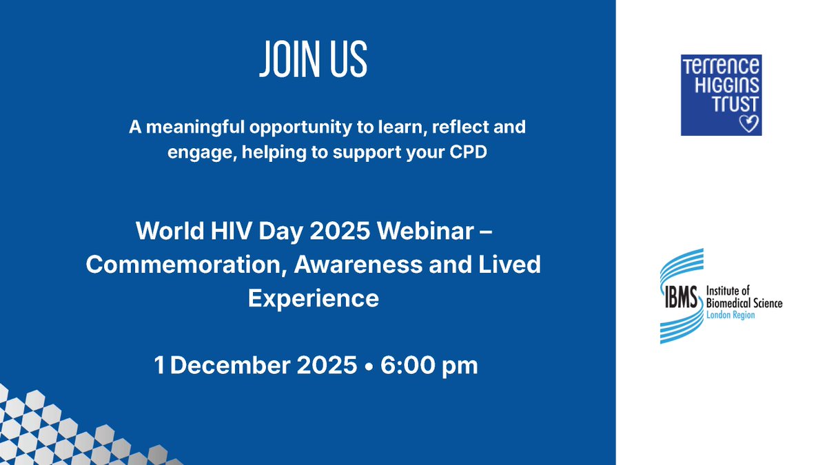 IBMScience's tweet image. Join us this World AIDS Day for a powerful webinar exploring commemoration, awareness and lived experience.

The IBMS London Branch EDI Committee will be hosting speakers from the Terrence Higgins Trust who will share their personal journeys and insights into the ongoing…