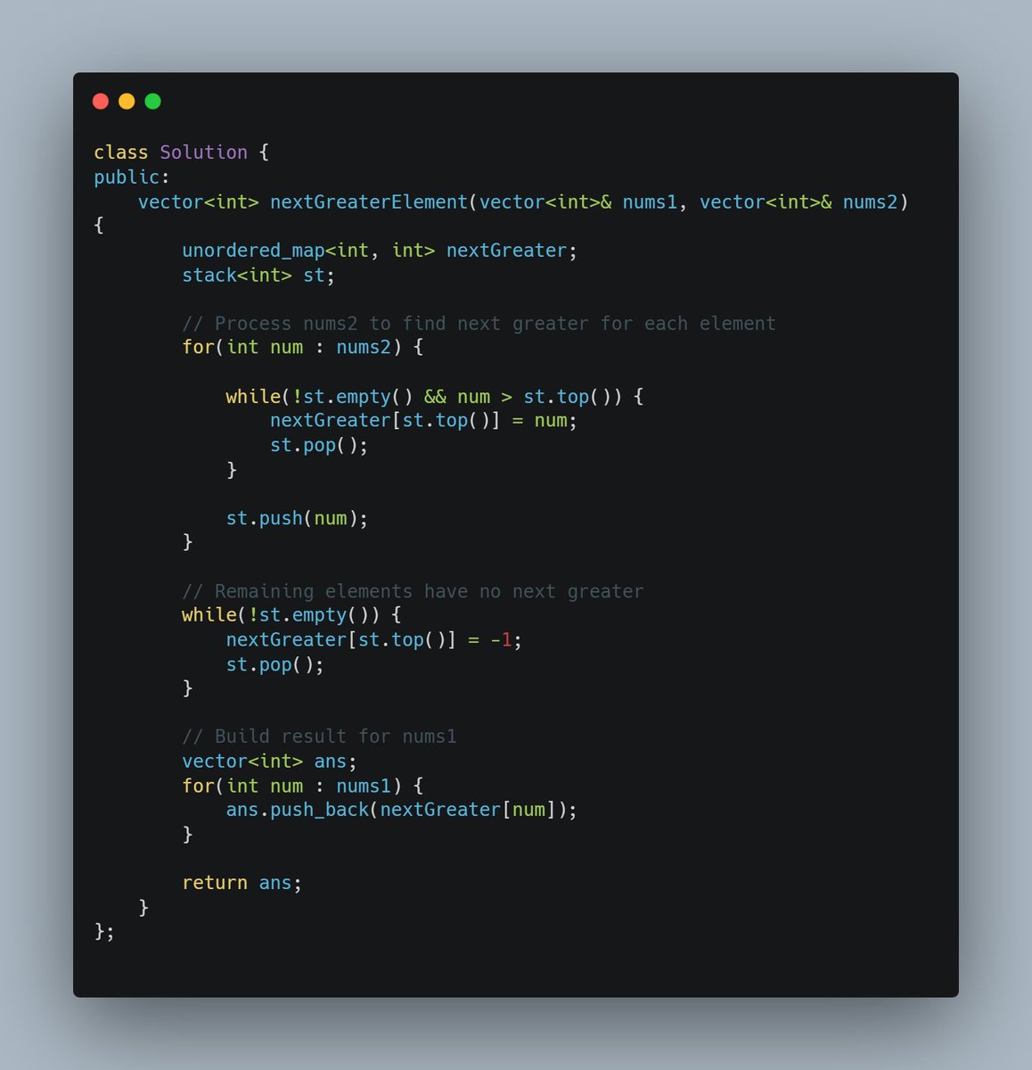NiteenDigarse's tweet image. 🌟 Day 25 of my #100DaysOfDSA journey!

🚀 Topic: Next Greater Element (Monotonic Stack)
🔹 Traverse from right → left
🔹 Pop smaller elements
🔹 Top of stack = next greater
🔹 Fast &amp;amp; clean O(n) stack solution
#DSA #Stack #CPlusPlus #Coding #NiteenDigarse #100DaysOfDSA