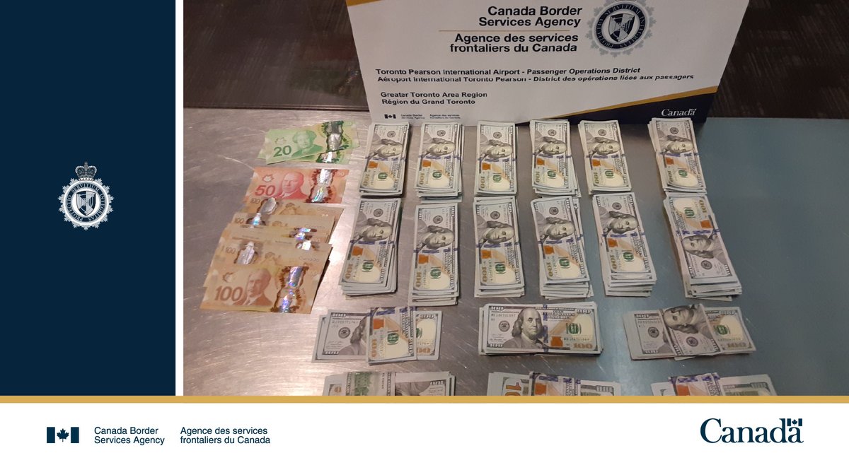 #CBSA officers in the #GTA seized CAD and US currency totaling the equivalent of CAD $55K from a traveller arriving from the United Kingdom. The funds are suspected proceeds of crime. #BeAwareAndDeclare