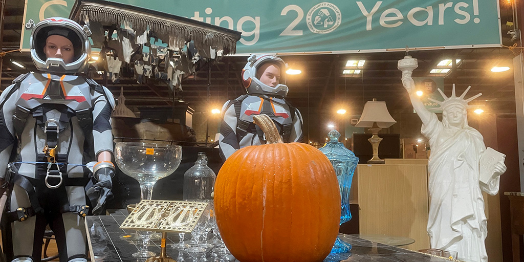 Where else can you find an astronaut and the Statue of Liberty sharing a table? Community Forklift is closed today for Thanksgiving, but we’re entering the holiday grateful for 20 years of support from this inspiring and creative community. Thank you!