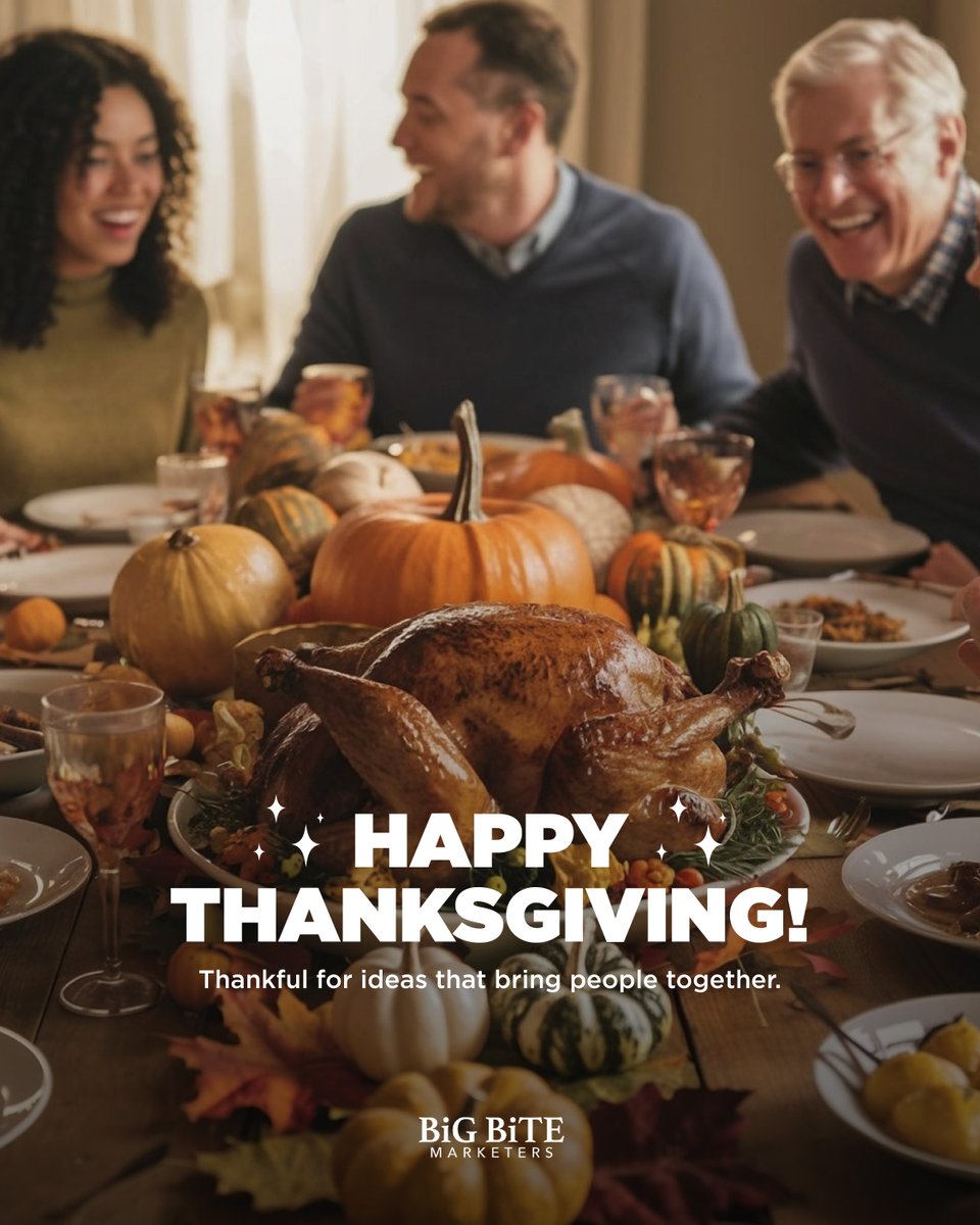 DigitalBigBite's tweet photo. Thankful for ideas that bring people together, and the and clients who help us turn them into something big. Happy Thanksgiving from the Big Bite family! 🦃

#BigBiteMarketers #MarketingAgency #Thanksgiving #HappyThanksgiving https://t.co/hg8xBOTMKZ