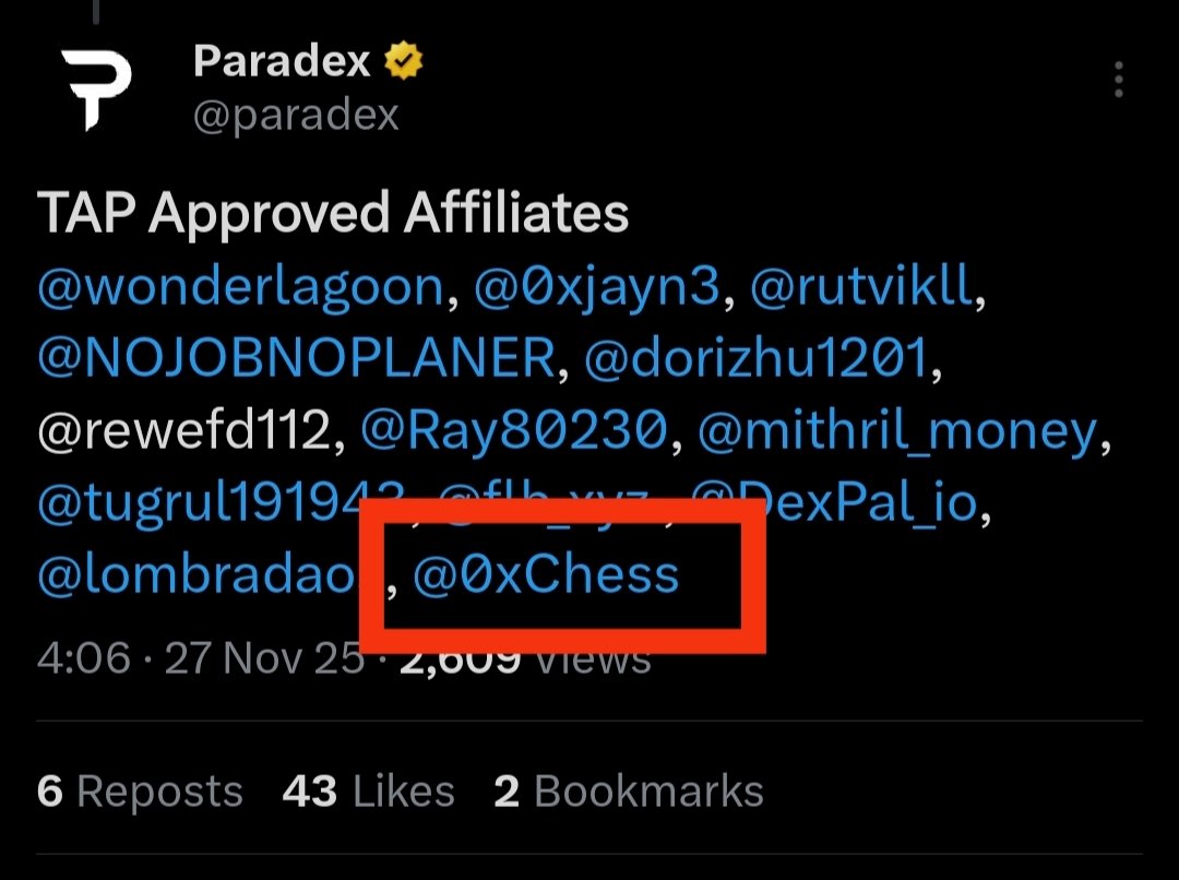 0xChess's tweet photo. I am excited to announce that I have joined @paradex Chain as one of the Approved TAP Affiliates, one step closer everyday and I know in a short while I'll be rocking the @Paradex_Eco badge.

Got a follow from @0xsteamboat
(I love to watch him when he streams, he's got good humour)
 
Seems like it was a good week, thank you @paradex for the opportunity, there's work to be done.

gDime