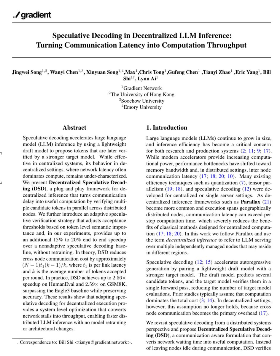 gradientintern's tweet image. Decentralized Speculative Decoding (DSD), a new plug and play framework that turns decentralized latency into computation throughput.

Using network delays for verification of multiple tokens in a single synchronization and using adaptive verification to enable strict checks for…
