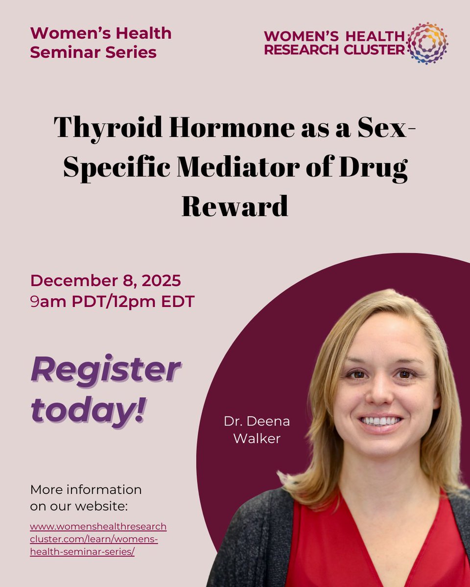 ResearchonWH's tweet image. Join us Dec 8 with Dr. Deena Walker to learn how drugs of abuse disrupt thyroid signaling, how this alters reward pathways, and how a CNS-specific thyromimetic may reduce reward-driven behaviors.

🔗 Register: eventbrite.com/e/thyroid-horm…

#AddictionScience #SexDifferences