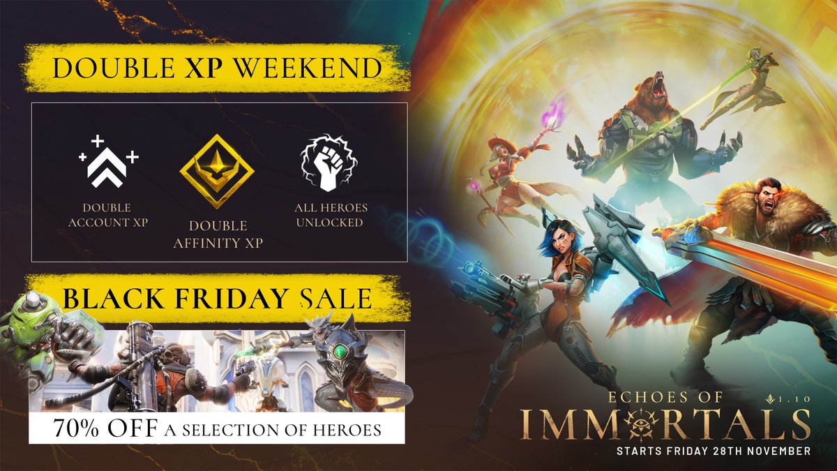 PredecessorGame's tweet image. 🚨Double XP Weekend is back AND a Black Friday sale!?  🔥

Kicking off tomorrow, you&apos;ll get double Account and Affinity XP, plus all Heroes unlocked until Dec 1st!

Find a new favourite? A huge selection of Heroes will be 70% off from tomorrow through Dec 8th 👀