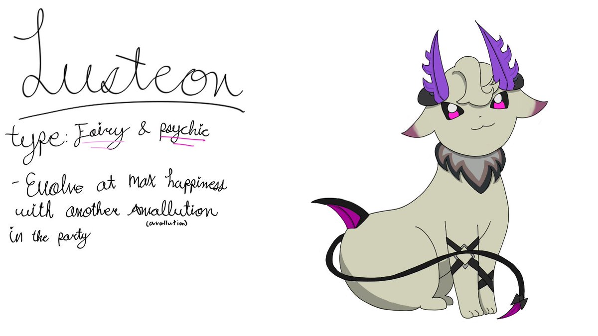 Xinxinux's tweet photo. Avallution 4/5

Lusteon (Lust-e-on)

Type: Fairy and Psychic

Evolves from a Eevee by reaching max happiness with another Avallution Member in the Party/Team

#Netherrizz https://t.co/HbxpxY8sJf