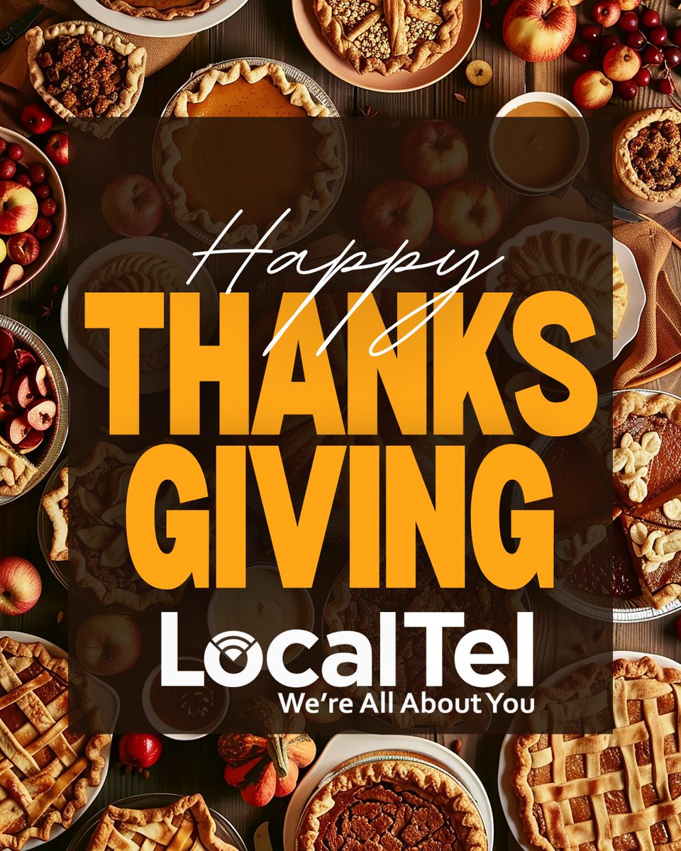 LocalTel's tweet image. Happy Thanksgiving from all of us at LocalTel! Our offices are closed today and open tomorrow (Friday the 28th) from 9 a.m. - 3 p.m. Tech support is open, as always, 24/7 (limited service between midnight to 6 a.m.).
