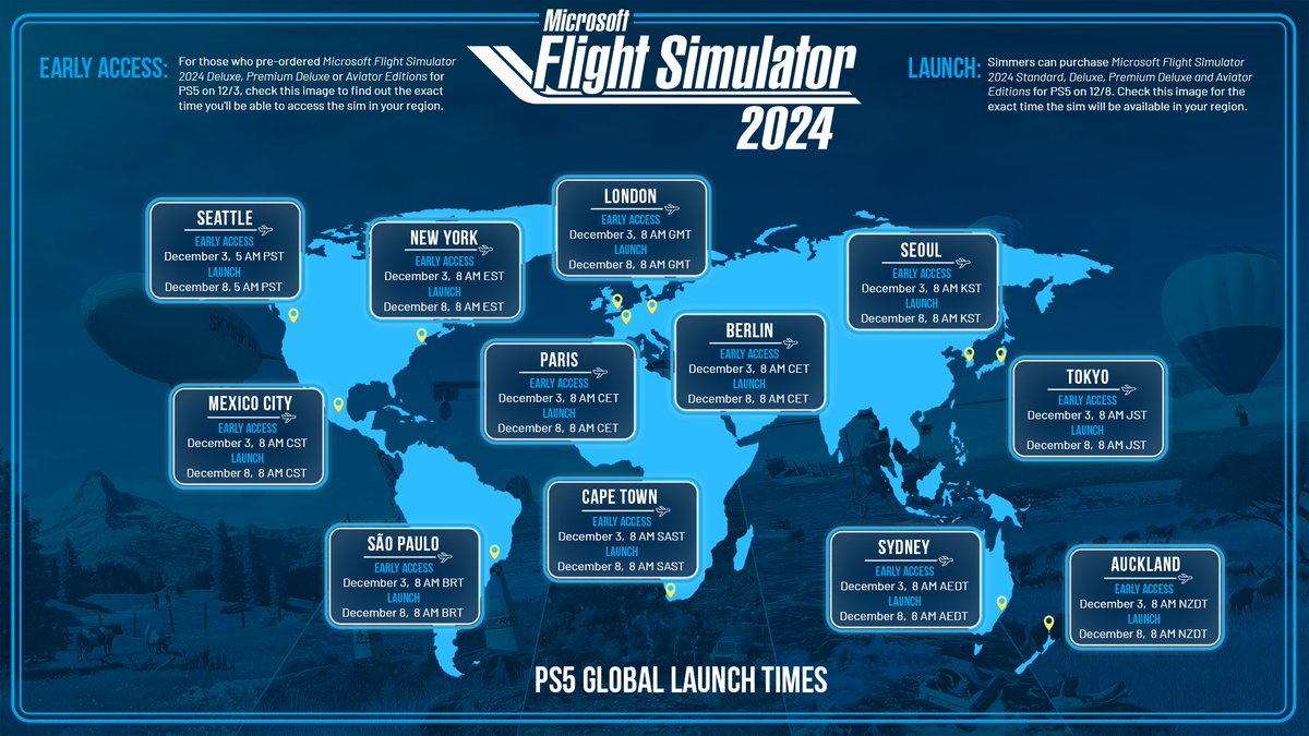 MSFSofficial's tweet image. The PlayStation 5 release of #MicrosoftFlightSimulator2024 is soon approaching with Early Access starting next week on December 3! We just updated our PS5 FAQ with lots of useful info:

🔗 flightsimulator.zendesk.com/hc/en-us/artic…