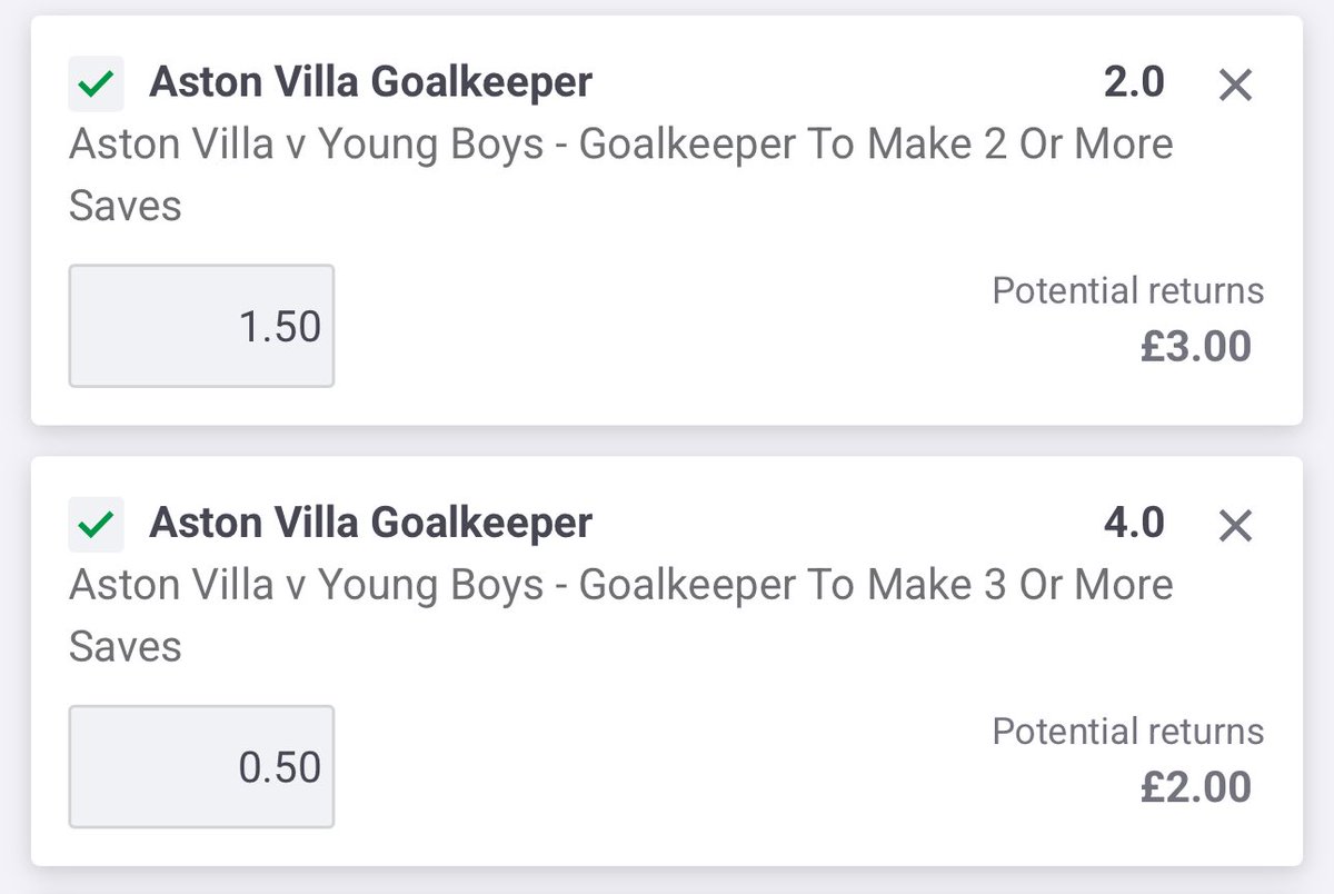 𝐀𝐬𝐭𝐨𝐧 𝐕𝐢𝐥𝐥𝐚 𝐯 𝐘𝐨𝐮𝐧𝐠 𝐁𝐨𝐲𝐬 🇪🇺

Aston Villa GK Saves Ladder 🧤🪜

- 2+ Saves @ 2.00 (1.5u)

- 3+ Saves @ 4.00 (0.5u)

❤️ if you’re on! 

#UEL #SportsBettingX