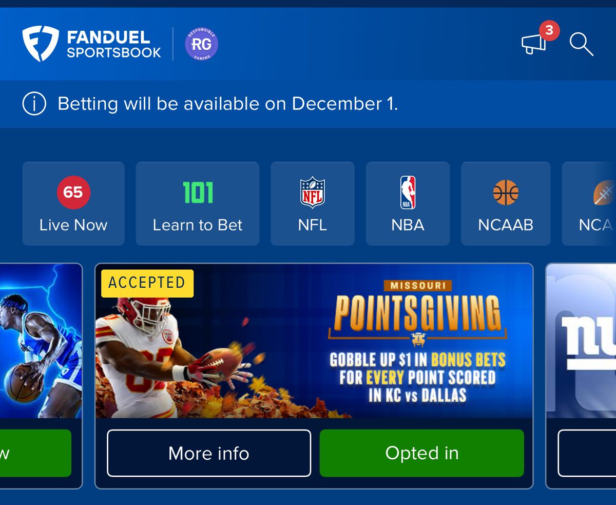 We’re inching closer to December 1 fellow Missourians… in the meantime you can get $1 in Bonus Bets for every point scored in the Chiefs game today.  Opt-in with the <a href="/FDSportsbook/">FanDuel Sportsbook</a> app today!  Happy Pointsgiving!