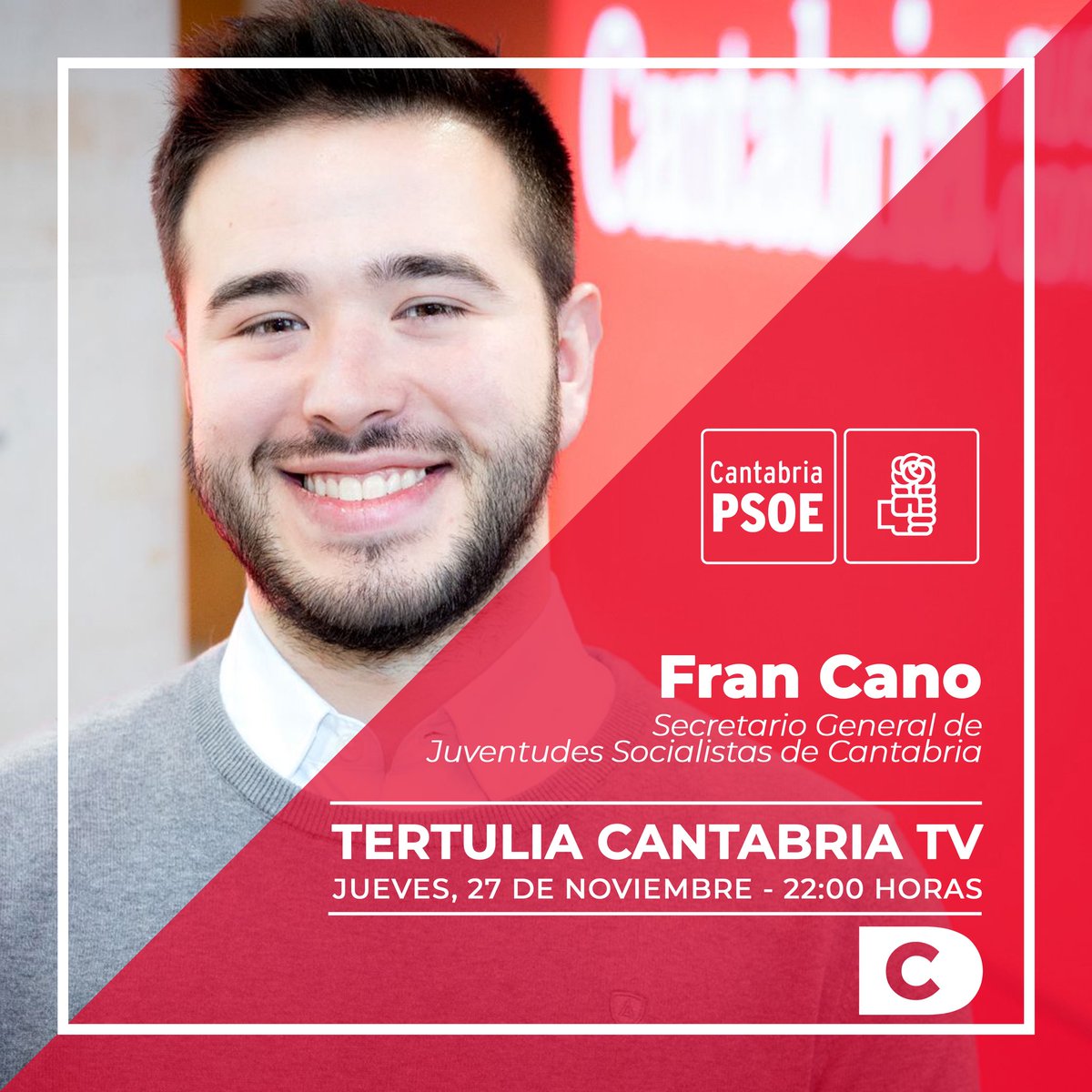 📺 El secretario general de <a href="/JSCantabria/">JSCantabria</a>, <a href="/francano_/">Fran Cano Molina</a>, analizará hoy la actualidad en la tertulia de <a href="/tv_Torrelavega/">Cantabria Televisión</a> a partir de las 22.00 horas, donde se abordará la enmienda a la totalidad de los malos presupuestos que el PP había presentado en <a href="/parlacan/">Parlamento de Cantabria</a>