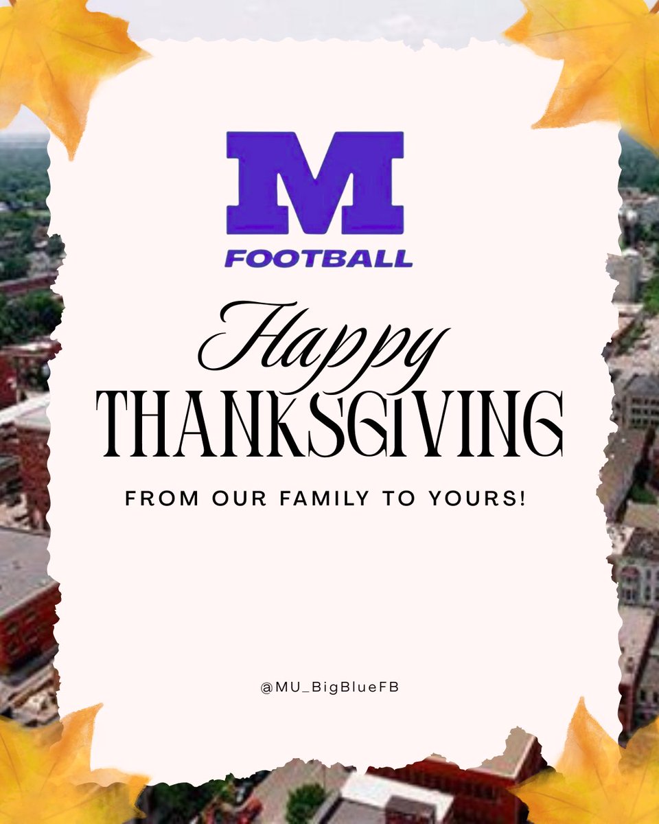 RiebockBilly's tweet image. 🦃💙 Today we give thanks for more than football — for brotherhood, opportunity, and the community that stands behind us every step.
Wishing everyone a safe and happy Thanksgiving from Millikin Football. #BuiltInDECATUR Go BLUE! 💙