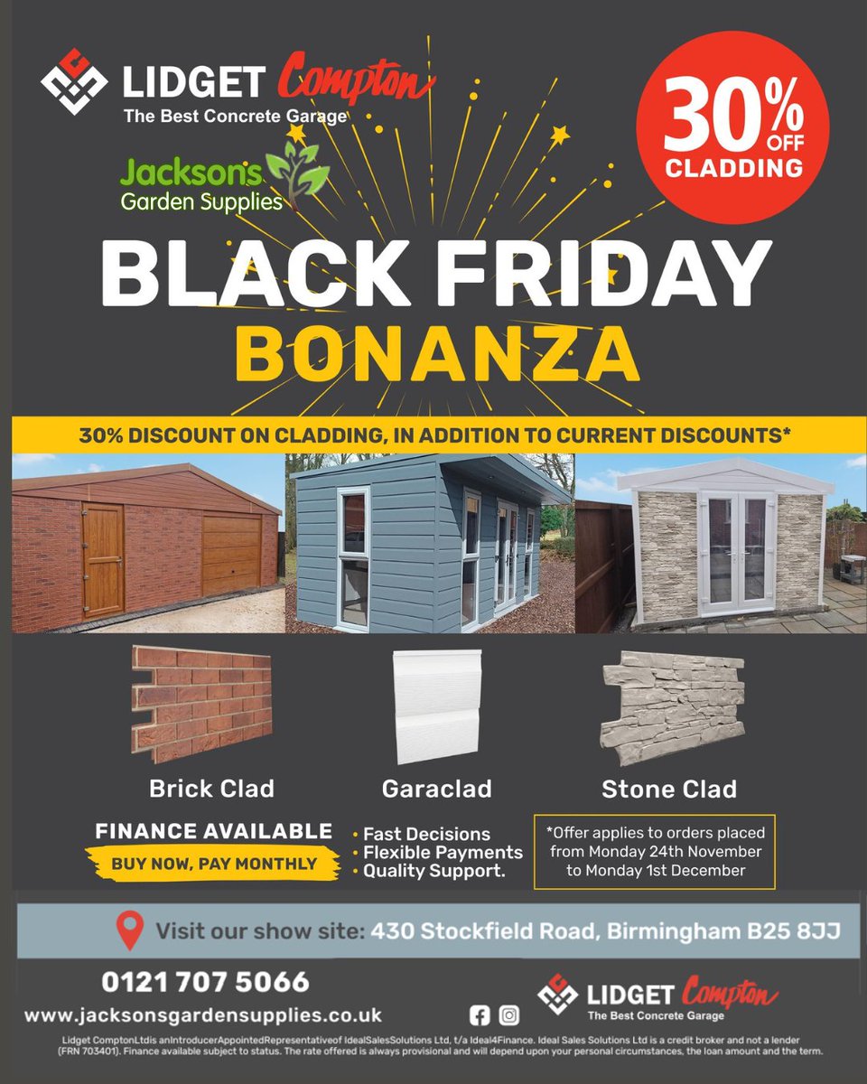 jgardensupplies's tweet image. 🔥 Black Friday Offer!
Get 30% OFF Brick Clad, Garaclad &amp;amp; Stone Clad until 1 Dec 2025.
New orders only.
Works alongside our November Spend More, Save More promo — your upgrade could boost your discount even further!

#JacksonsGardenSupplies #BlackFriday #Cladding