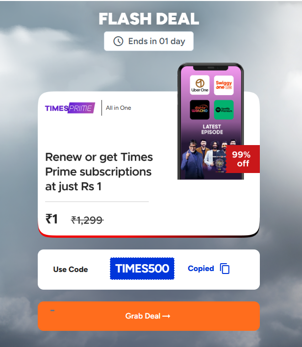 DealsKard_'s tweet image. Renew or Get Times Prime for Just ₹1!

Use Code: TIMES500

Times Prime Membership, usually priced at ₹1,299, is now yours for just ₹1 with this exclusive offer!
This deal is valid for new and existing users, everyone can grab it!

🔗 bitli.in/2i92fUX

#TimesPrime