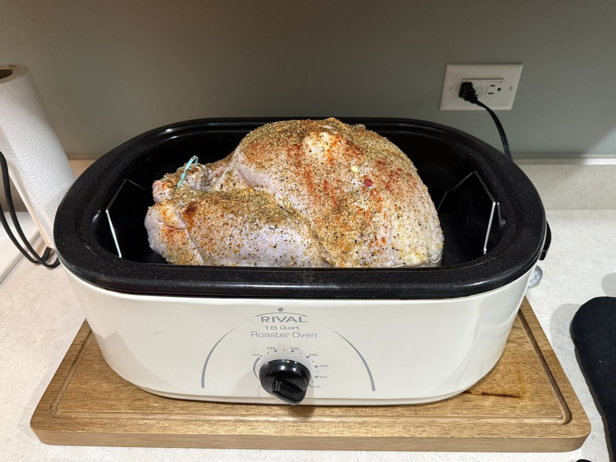 Turkey in the roaster, 22lb. Insanely moist cooking method. Going to try and brown it this year with a quick oven broil last 15mins