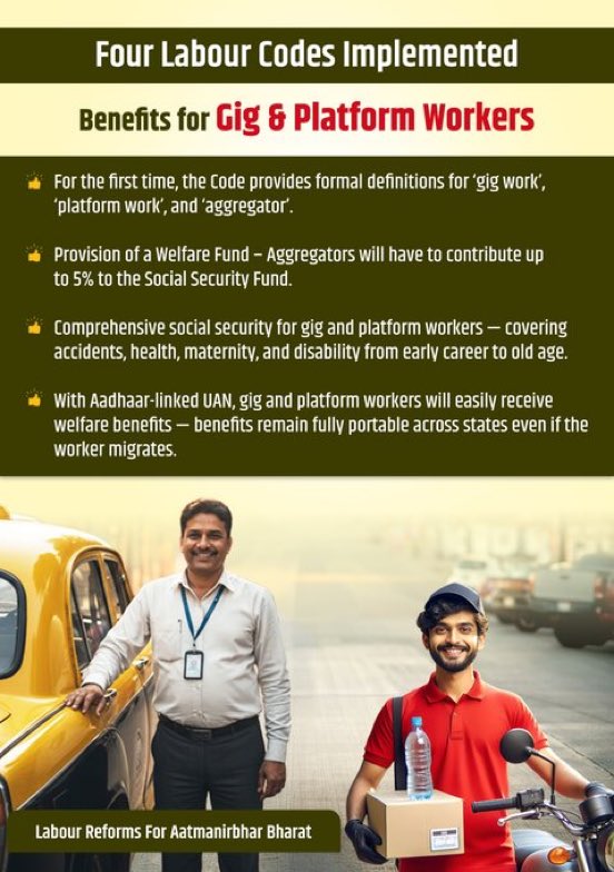 The Four Labour Codes, for the first time, formally define ‘gig work’, ‘platform work’ and ‘aggregator’, establish a Social Security Fund and extend welfare benefits to workers - including life and disability cover, health and maternity support. 

#श्रमेव_जयते #ShramevJayate