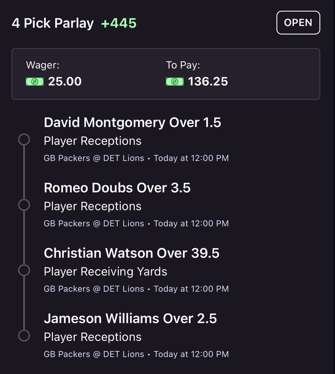 FastMoneyPROP's tweet image. THANKSGIVING BANKROLL CHALLENGE 🦃🏈

Collab W/ @chef_mj 🔥

Starting with $25 &amp;amp; rolling over the winnings through today&apos;s NFL games! 📈

Example ⬇️

GB vs DET - $25 ➡️ $136
DAL vs KC - $111 ➡️ ____
BAL vs CIN - TBD

Min. Odds of +300 on each SGP! Let&apos;s have a day 🫡
@OnyxOdds