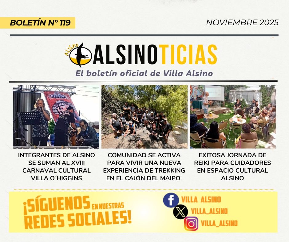 ¡Ya llegó! 📰

Boletín de noviembre con lo mejor de las actividades terapéuticas, culturales y comunitarias.

Puedes verlo completo en: villasolidarialsino.cl/wp-content/upl…