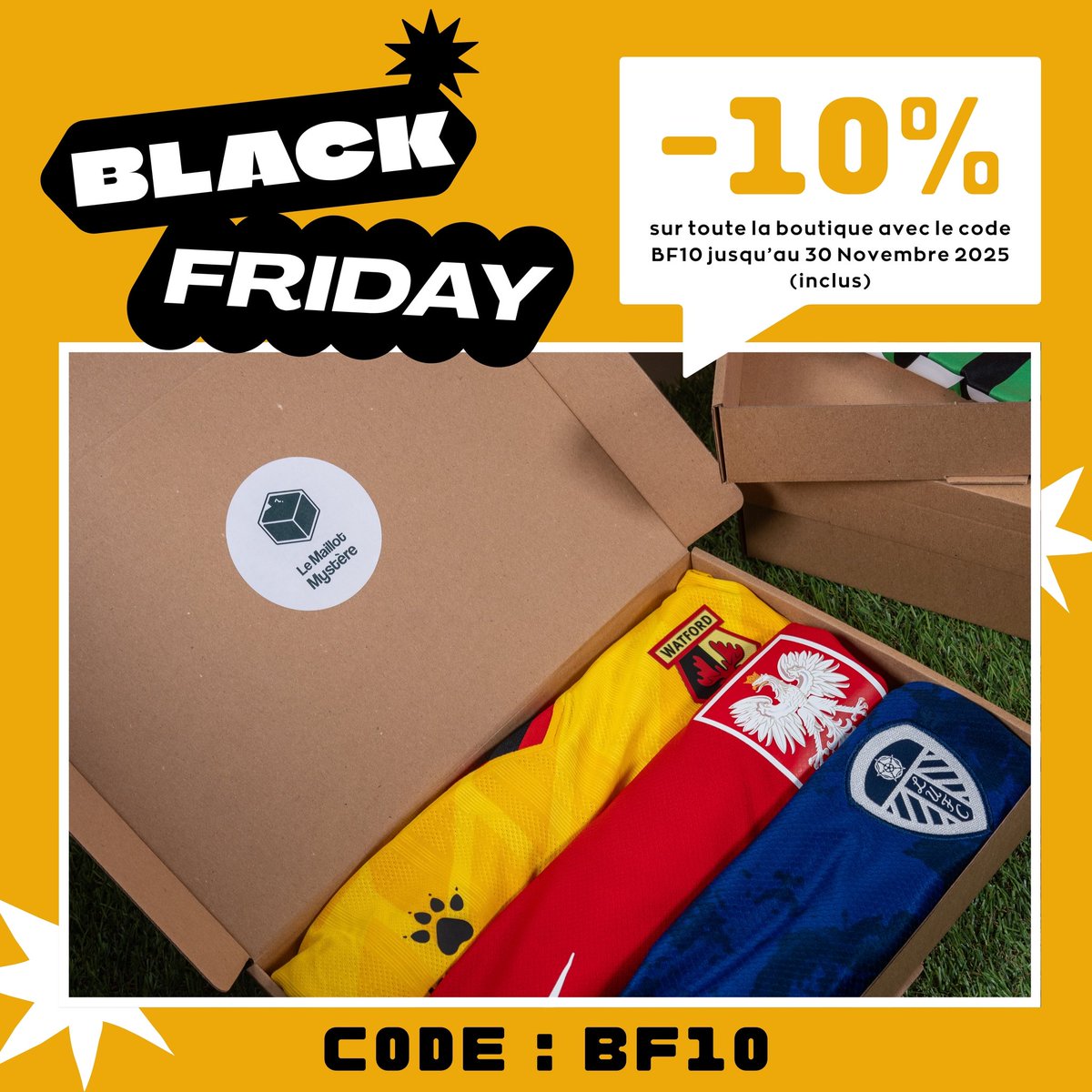 MaillotMystere's tweet photo. Le Black Friday débarque chez nous ! 🔥 

À partir d’aujourd’hui, profitez de -10 % sur toutes les box mystères avec le code : BF10

C’est le moment parfait pour dénicher votre maillot mystère pour les fêtes de fin d’année ! 🎄 

➡️ Offre valable jusqu’au dimanche 30 novembre (inclus) sur notre site : https://t.co/xaTCC2EG1g