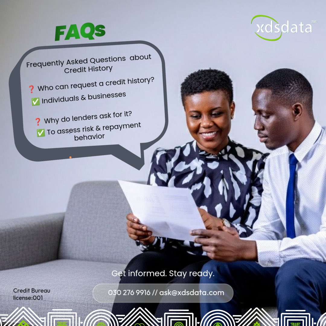 xdsdataGH's tweet image. FAQS

Frequently Asked Questions about Credit History.

? Who can request a credit history?
Individuals &amp;amp; Businesses

? Why do lenders ask for it?
To access risk &amp;amp; repayment behavior

Get Informed. Stay Ready.

#FastService
#CreditReport
#XDSDataGhana