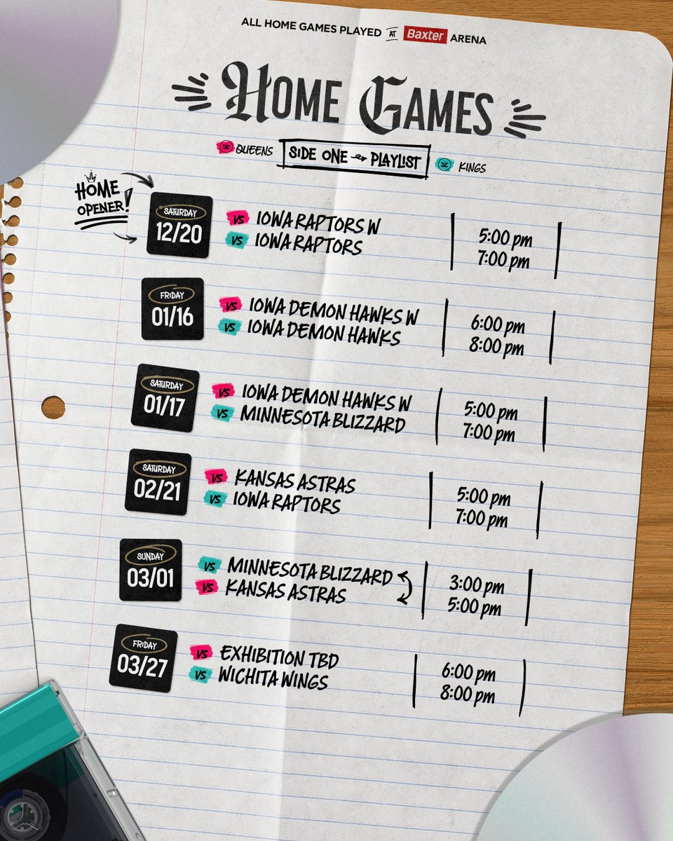 𝙔𝙤𝙪𝙧 𝟮𝟬𝟮𝟱–𝟮𝟲 𝙃𝙤𝙢𝙚 𝙂𝙖𝙢𝙚 𝙋𝙡𝙖𝙮𝙡𝙞𝙨𝙩 𝙝𝙖𝙨 𝙖𝙧𝙧𝙞𝙫𝙚𝙙. 🎧🔥
The Queens &amp; Kings are back with the Double Header Remix, rocking <a href="/BaxterArena/">Baxter Arena</a> all season long.

𝗧𝗶𝗰𝗸𝗲𝘁𝘀 𝗱𝗿𝗼𝗽 𝗙𝗿𝗶𝗱𝗮𝘆 𝗮𝘁 𝟭𝟬𝗔𝗠.
Season passes • Single games • Youth •