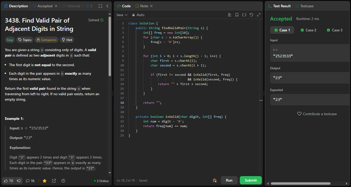 coder_s_Snippet's tweet image. #DailyCodingChallenge
Day 256
Task: Identify the first adjacent pair where both digits occur in the string exactly as many times as their numeric value.
Solution: Count digit frequencies → scan pairs from left to right → return the first valid pair.
#LeetCode
