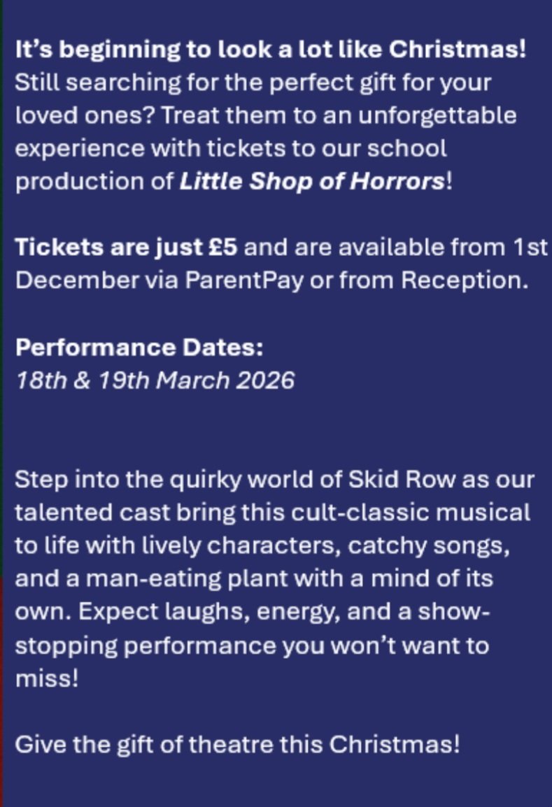 📢📢 School Production 2026- Little Shop of Horrors. 📢📢

Tickets for our school production go on sale next week!

Come and join us on the 18th or 19th March 2026 for our production.

Get your tickets on parentpay or via reception.

#teamstwa #schoolproduction #musical