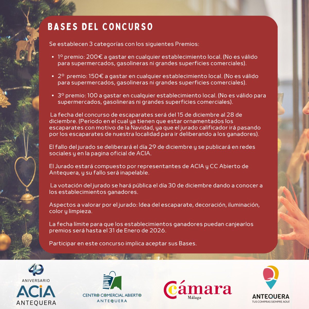 1º Concurso de Escaparates - Navidad 2025

🎄✨ Desde ACIA y CCA te animamos a participar en la primera edición del Concurso de Escaparates Navideños. Una oportunidad ideal para que comercios y empresas del municipio demuestren su creatividad.

#Navidad2025 #ACIA #Antequera