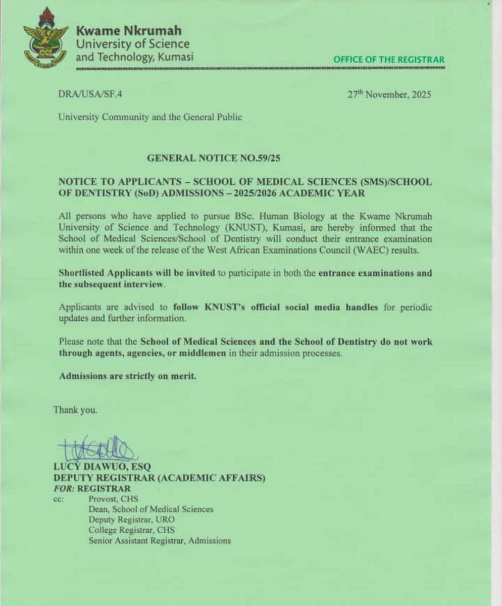 watsuptek's tweet image. KNUST has announced that entrance exams for 2025/2026 Medical &amp;amp; Dental applicants will be held within a week after WAEC results. 

Shortlisted candidates will be invited for exams and interviews. Admissions are strictly on merit.

#WatsuptekReport