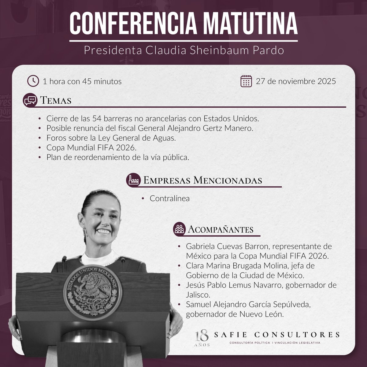 📰 #SafieConsultores te presenta los #highlights de la conferencia matutina de hoy. Conoce las empresas mencionadas y los funcionarios que acompañaron a la presidenta. #ConferenciaPresidenta #GobiernodeMexico