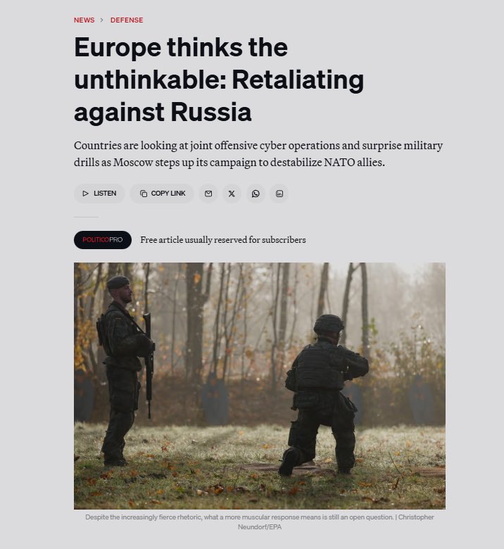 bellumartis's tweet image. 🇪🇺⚡ Europa cruza una línea mental: por primera vez, se plantea contraatacar a Rusia.

Según Politico, tras meses de provocaciones —drones sobre territorio europeo, interferencias de GPS, sabotaje ferroviario, campañas de desinformación—, varios gobiernos de la UE y la OTAN…