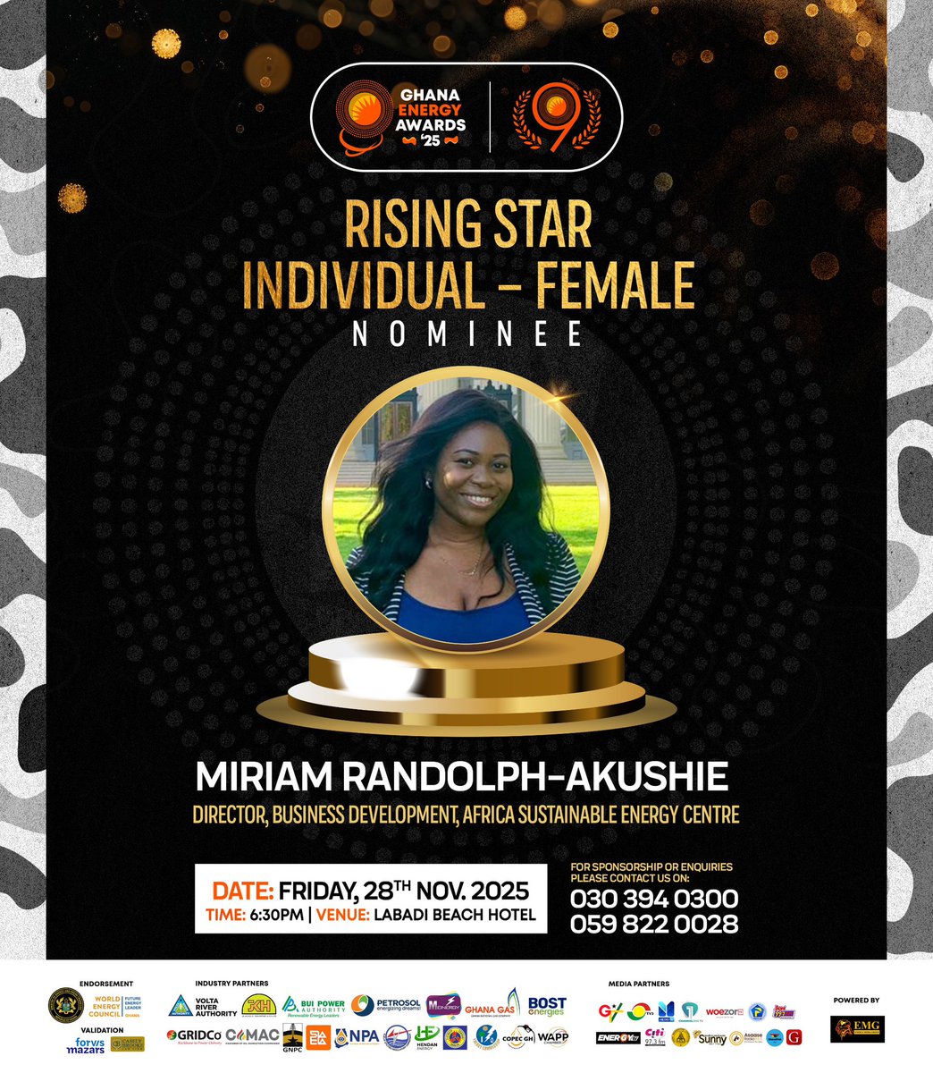 _asecgh's tweet image. Director of Business Development, Miriam Randolph-Akushie, has earned a nomination for:
1. Rising Star Individual - Female

We are honoured to see our work and the brilliant minds behind it recognised at this national level.

#ASEC #GhanaEnergyAwards