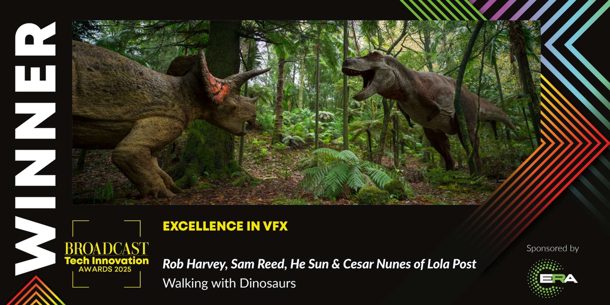 The award for Excellence in #VFX Sponsored by <a href="/ERALondon/">ERA ltd</a> goes to: Rob Harvey, Sam Reed, He Sun, Cesar Nunes of <a href="/lola_post/">Lola</a> for Walking with Dinosaurs #BTIA2025