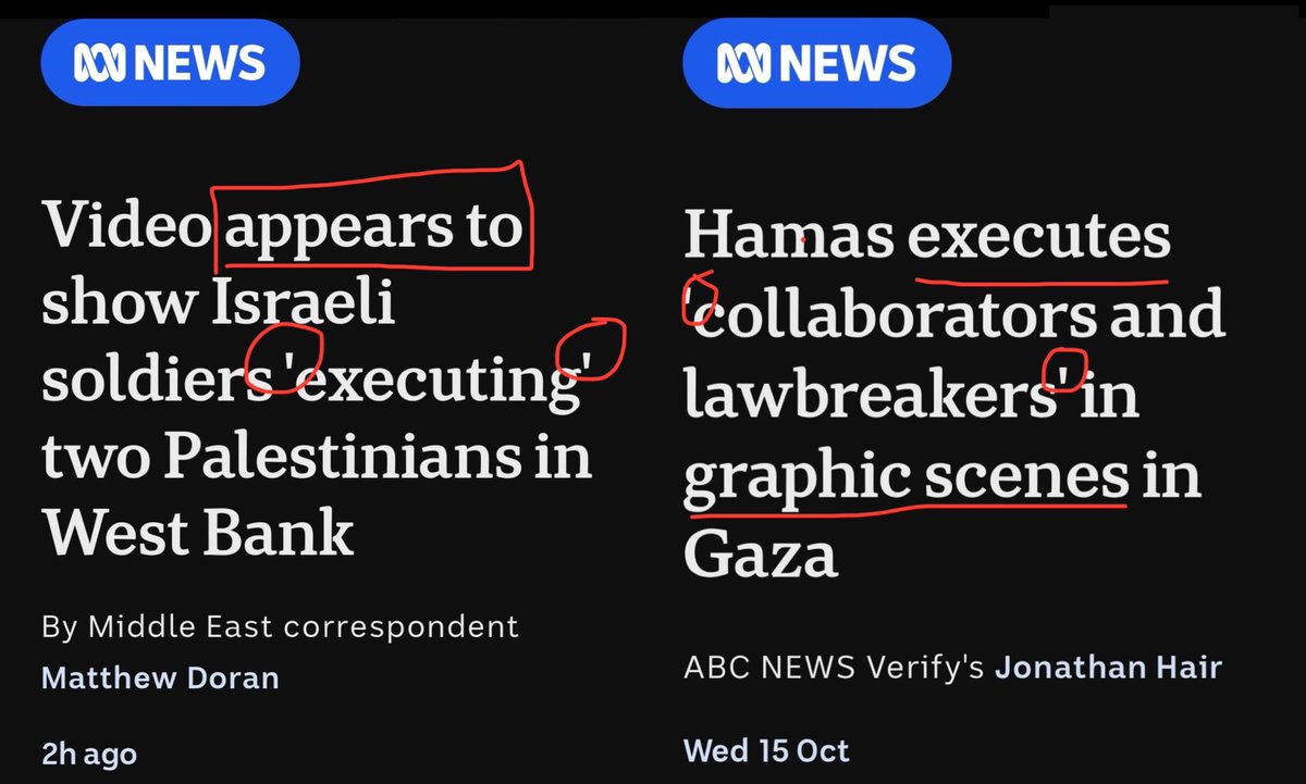 TOliveFern's tweet image. A striking example of how western media deliberately uses air quotes when it suits to seed doubt in Palestinian narratives, and uncertain verbs (“appears to”) when casting Israel in negative news while adding extra sensational language for Palestinians (“graphic scenes”)