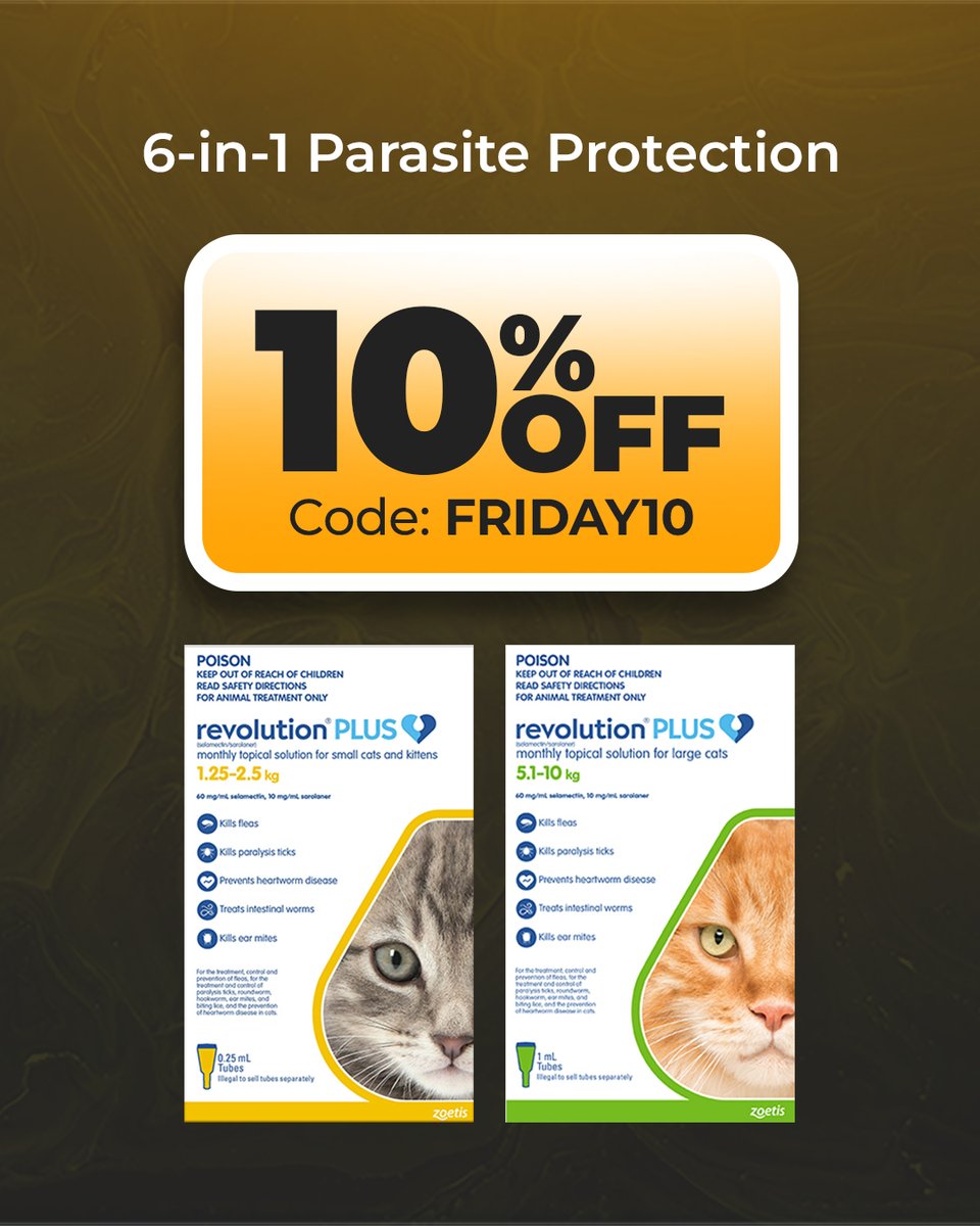 DiscPetCareAU's tweet image. 6-in-1 parasite protection for your cat!

Enjoy 10% OFF Revolution Plus with code: FRIDAY10 🐾🔥

Protect them today →bit.ly/43WRkRP

#RevolutionPlus #CatHealth #PetDeals #BlackFridaySale