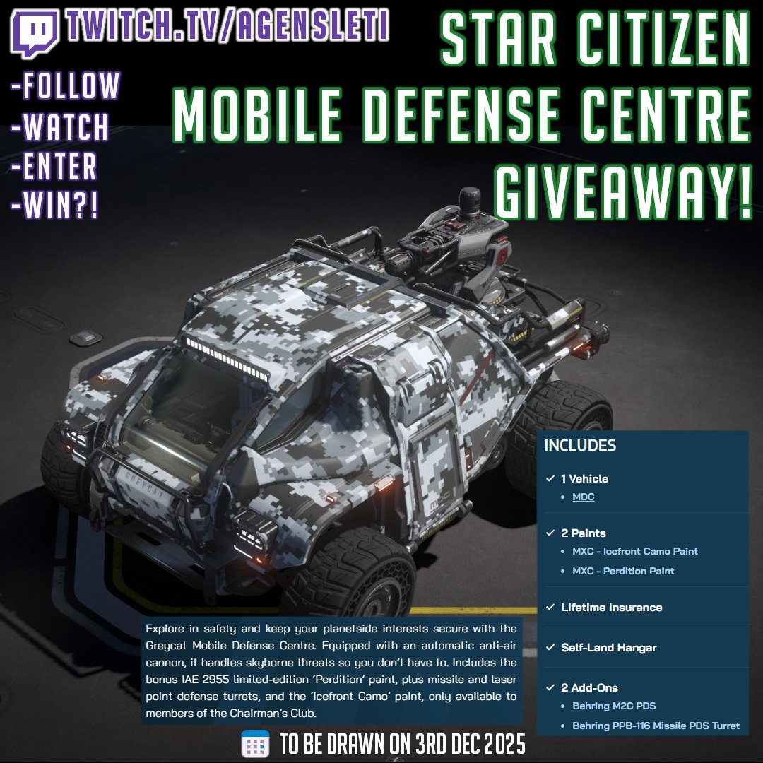 🚨 IAE Giveaway! 🚨
Win a Greycat MDC with IAE paints, LTI + Self-Land Hangar!
To enter:
👉 Follow
👉 Watch the stream
👉 Enter live
🏁 Winner drawn 3rd Dec 2025

📺 twitch.tv/AgensLeti
#StarCitizen #IAE2955