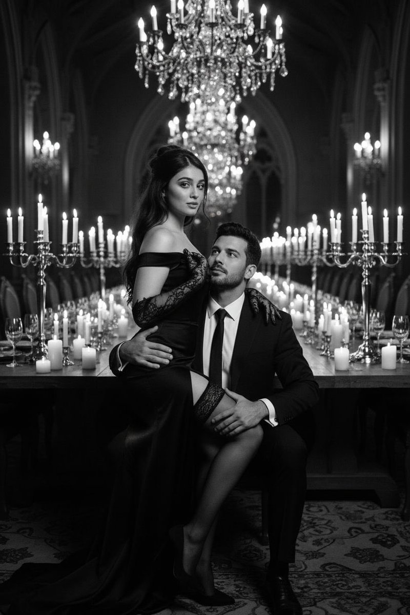 dreamshootai's tweet photo. A hyper-realistic black and white image set in a grand dining room or ballroom, lit by warm cinematic light from multiple chandeliers, table candelabras, and flickering candles creating high contrast and deep shadows……. Full prompt ⬇️ https://t.co/5ZmYrCp0kB