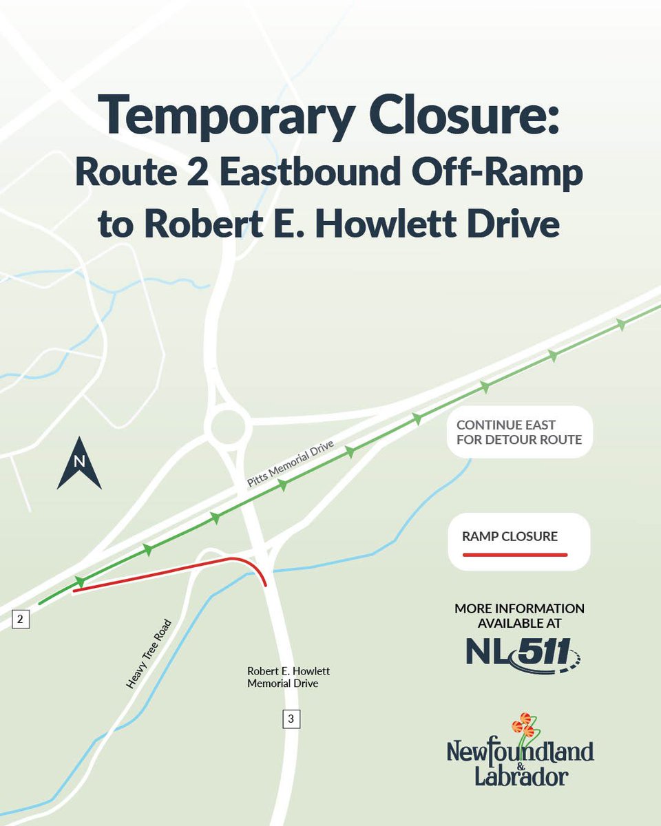 📣 There will be a temporary closure of the eastbound off-ramp between Pitts Memorial Drive &amp; Robert E. Howlett Drive from Nov. 28 to Dec. 1.
 
A detour will be in place via the Kilbride exit to Bay Bulls Road &amp; Ruby Line.

Please follow posted signage &amp; expect delays. #nltraffic