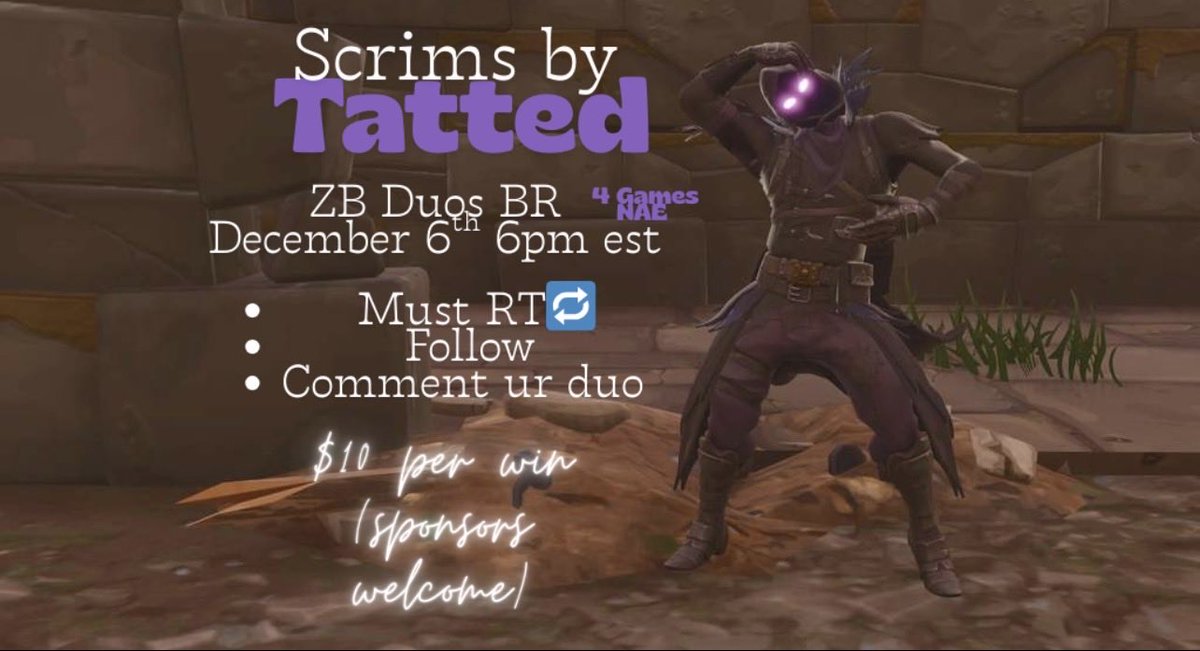 ZB Duo BR Tournament 
12/06 6pm est
Must follow <a href="/Tattedtiffxo/">2AM TattedTiff</a> &amp; <a href="/hutchyystreams/">TattedHutchyy</a> 
+ ♻️ RT 
Comment ur duo 
$10 a win 4 games NAE 
Sponsors welcome