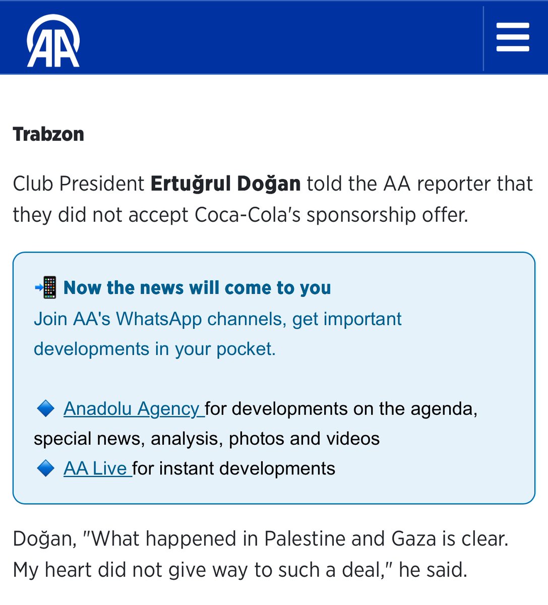 AbubakerAbedW's tweet image. .@TrabzonsporEN has rejected a @CocaCola’s sponsorship offer in support of Palestine. The president of the club said, “What happened in Palestine and Gaza is clear…my heart didn’t give way to such a deal” 

Massive respect and love❤️🇵🇸. Boycott Coca-Cola!