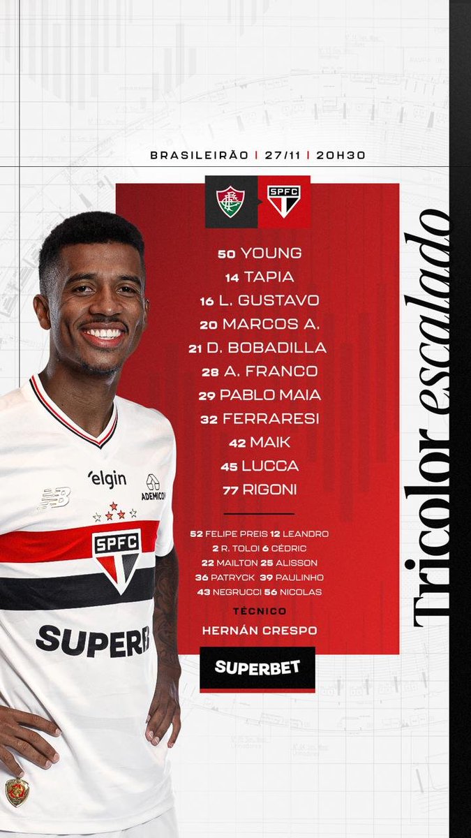 São Paulo escalado pelo técnico Hernán Crespo. Em meio a tantos problemas, Lucca ganha espaço novamente. Será o ala pelo lado esquerdo.