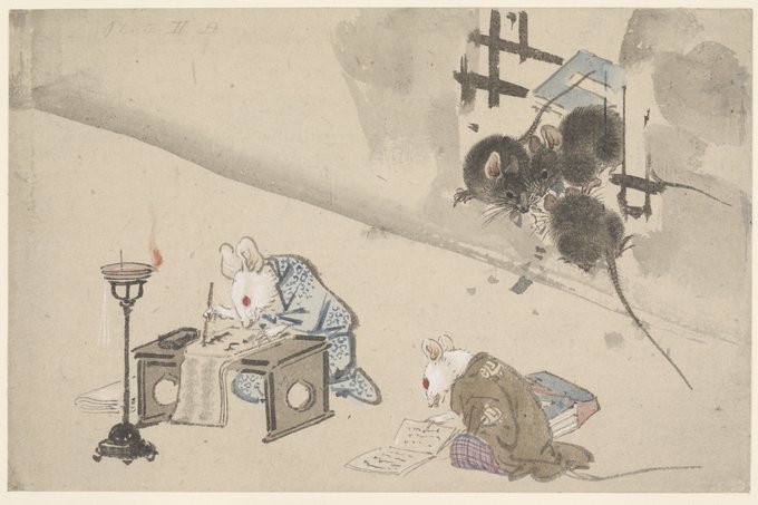JapanTraCul's tweet image. Mice transcribing a book, by Kawanabe Kyosai, ca. 1870s