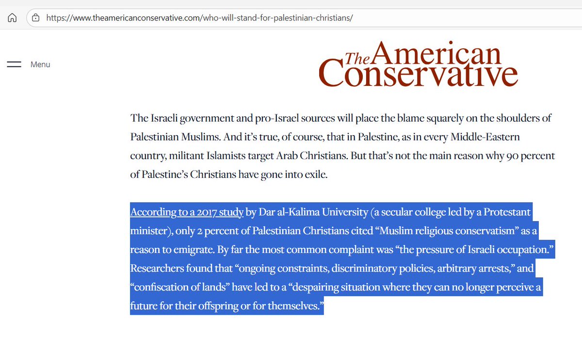 History__Speaks's tweet image. We could listen to Melanie&apos;s ridiculous hasbara explanation for why Palestinian Christians have emigrated, or listen to Palestinian Christians themselves, who overwhelmingly blame the occupation by Israel, not Islamic oppression, for why they immigrated.

@owenjonesjourno