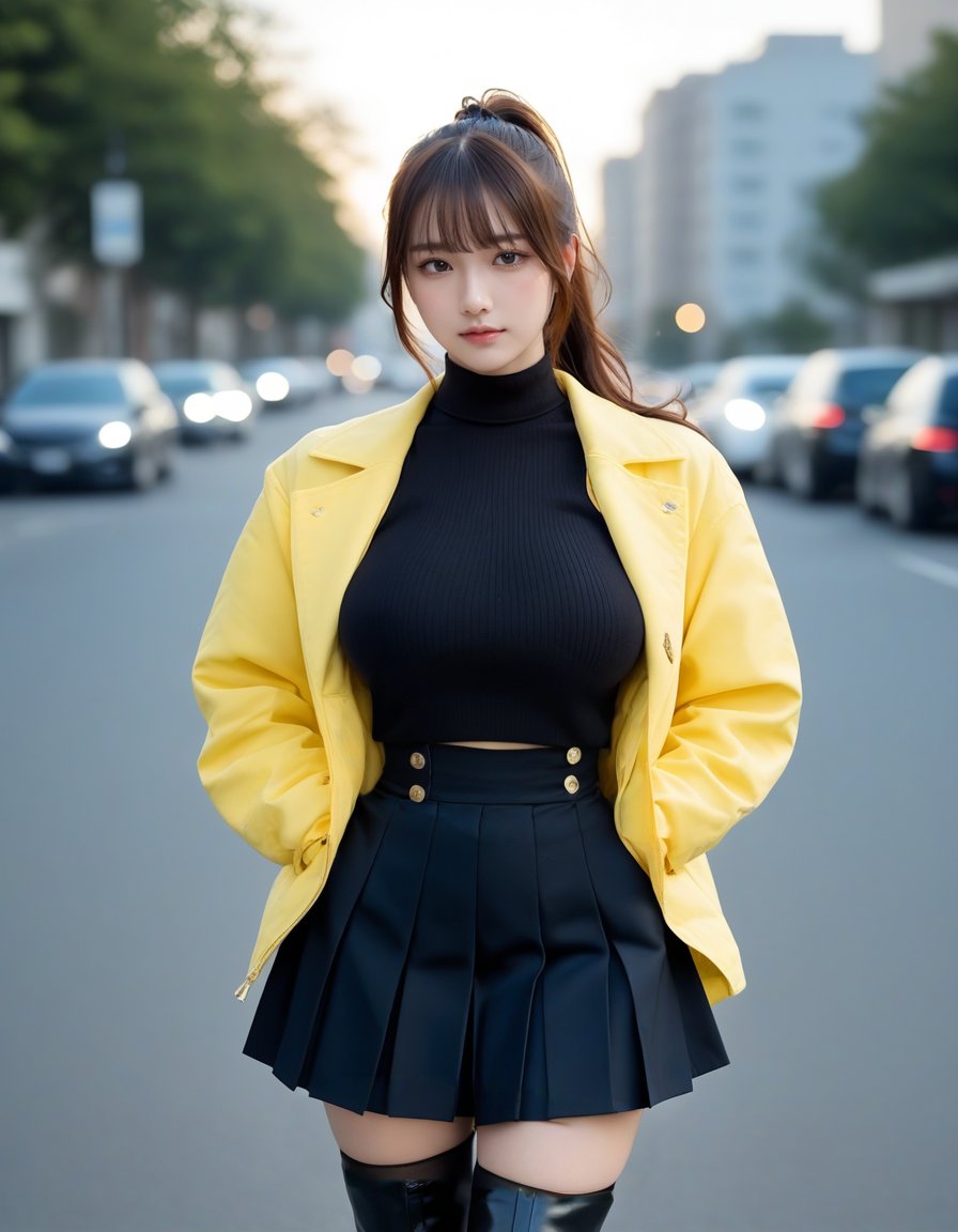 夕暮れの街角に佇む彼女。 鮮やかなイエローのジャケットが秋の風に