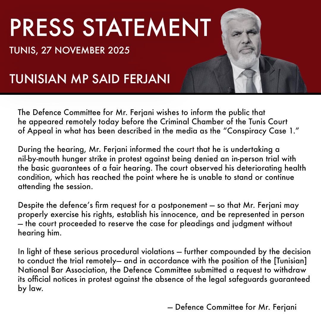 Said Ferjani appeared remotely before the court of appeal, announcing a hunger strike over being denied an in-person, fair trial. Despite deteriorating health, the court moved forward without hearing him. His defence has withdrawn notices to protest against these violations. 👇