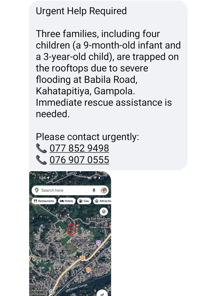 Gampola is facing a critical situation as floodwaters continue to rise, with many families trapped and calling for urgent help. The military has deployed rescue teams from Colombo, according to authorities, but heavy rain and blocked roads are severely hindering rescue