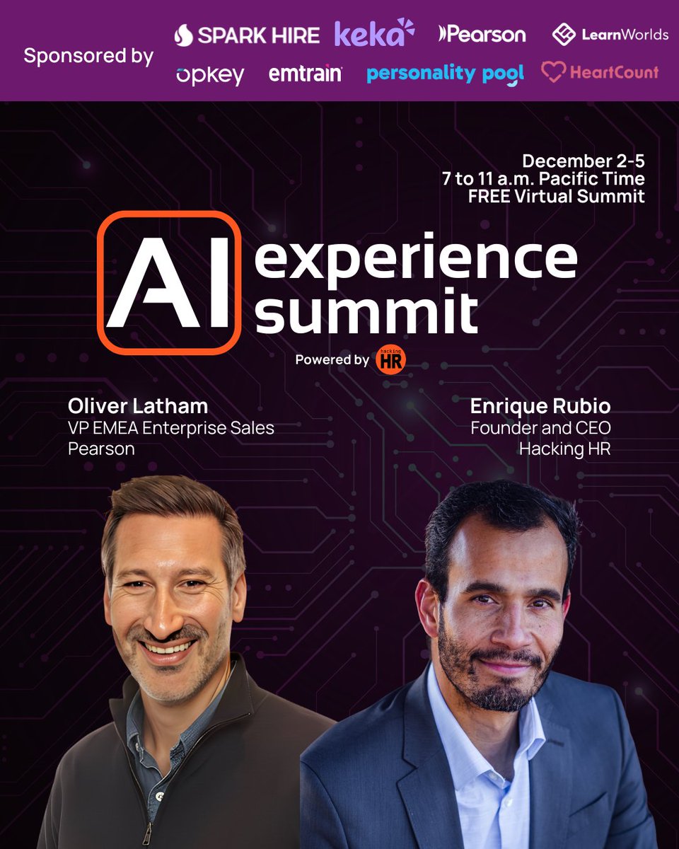 hacking_hr's tweet image. If you want to deep dive into Upskilling in the Age of AI, don’t miss out on the Fireside Chat of Day 2 of the AI Experience Summit! Oliver Latham will be having a 1:1 chat with Hacking HR’s founder Enrique Rubio (he/him)!

Oliver Latham is responsible for all sales to Pearson&apos;s…