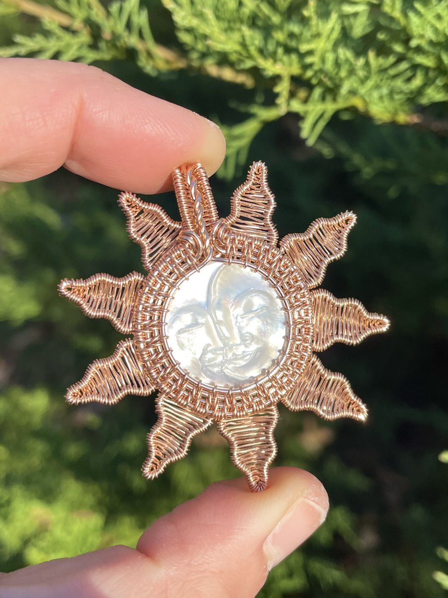 Every once in a while, I make something that I can’t believe came from my own two hands. This mother of pearl sun &amp; moon in 14K rose gold filled wire is one of those things! 🌞 I just think it’s so magical. This pendant will be part of tomorrow’s shop update!