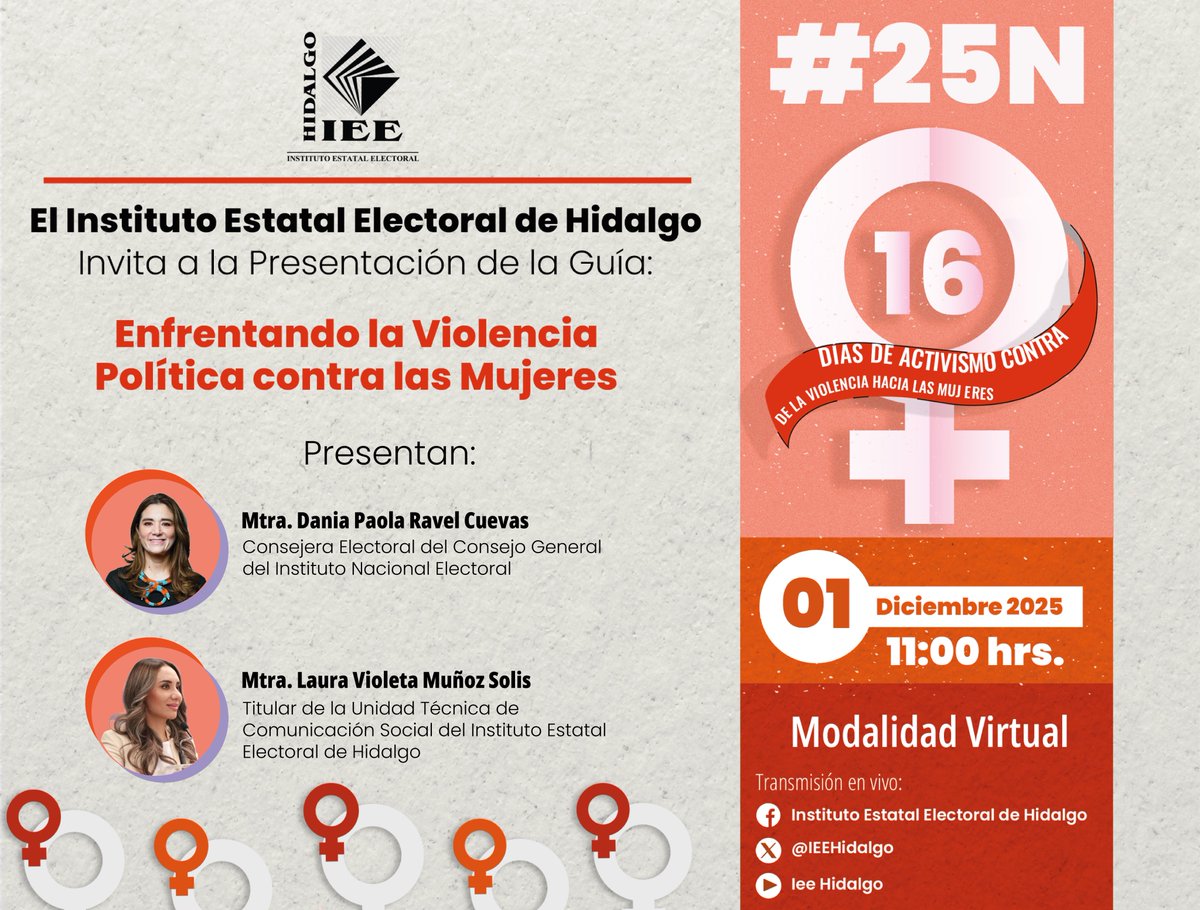 IEEHidalgo's tweet image. 🟠🖐️ | En el marco del #25N Día Internacional de la Eliminación de la Violencia contra la Mujer y rumbo al #10Diciembre Día de los #DerechosHumanos, te invitamos a sintonizar la presentación de la Guía:

📚 Enfrentando la Violencia Política contra las Mujeres.

📆 01 de diciembre…